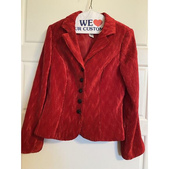 Jackie Jon Blazer Jacket Womens Sz 8 Red Crinkle Black Rhinestone Buttons Lined - Picture 1 of 10